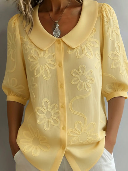 Florennzie — Bestickte Blumenshirt mit Stehkragen