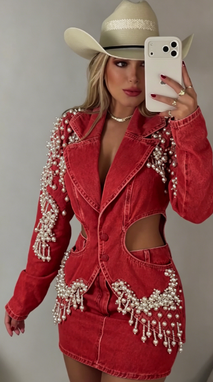 Marseline — Denim-Set mit Perlenfransen, Jacke & Rock