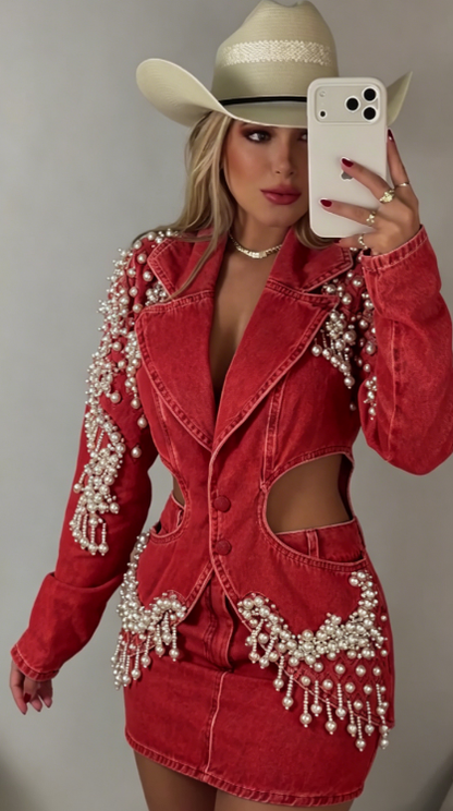 Marseline — Denim-Set mit Perlenfransen, Jacke & Rock