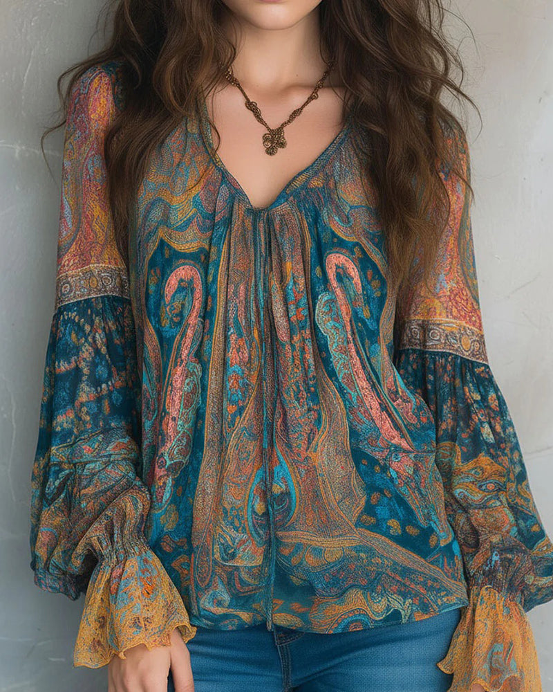 Ava — Boho-Bluse mit V-Ausschnitt und Schwingärmeln