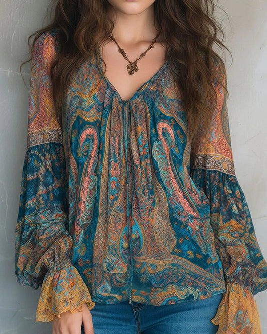Ava — Boho-Bluse mit V-Ausschnitt und Schwingärmeln