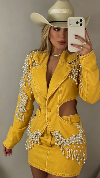 Marseline — Denim-Set mit Perlenfransen, Jacke & Rock