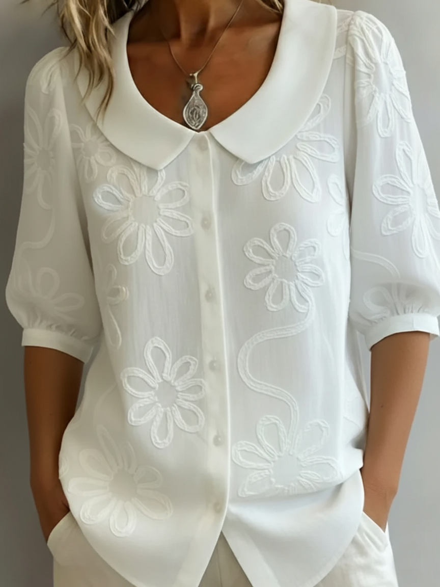 Florennzie — Bestickte Blumenshirt mit Stehkragen