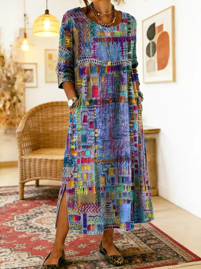 Folklén — Baumwolle Ethnischer Druck Maxikleid mit Spitzenbesatz