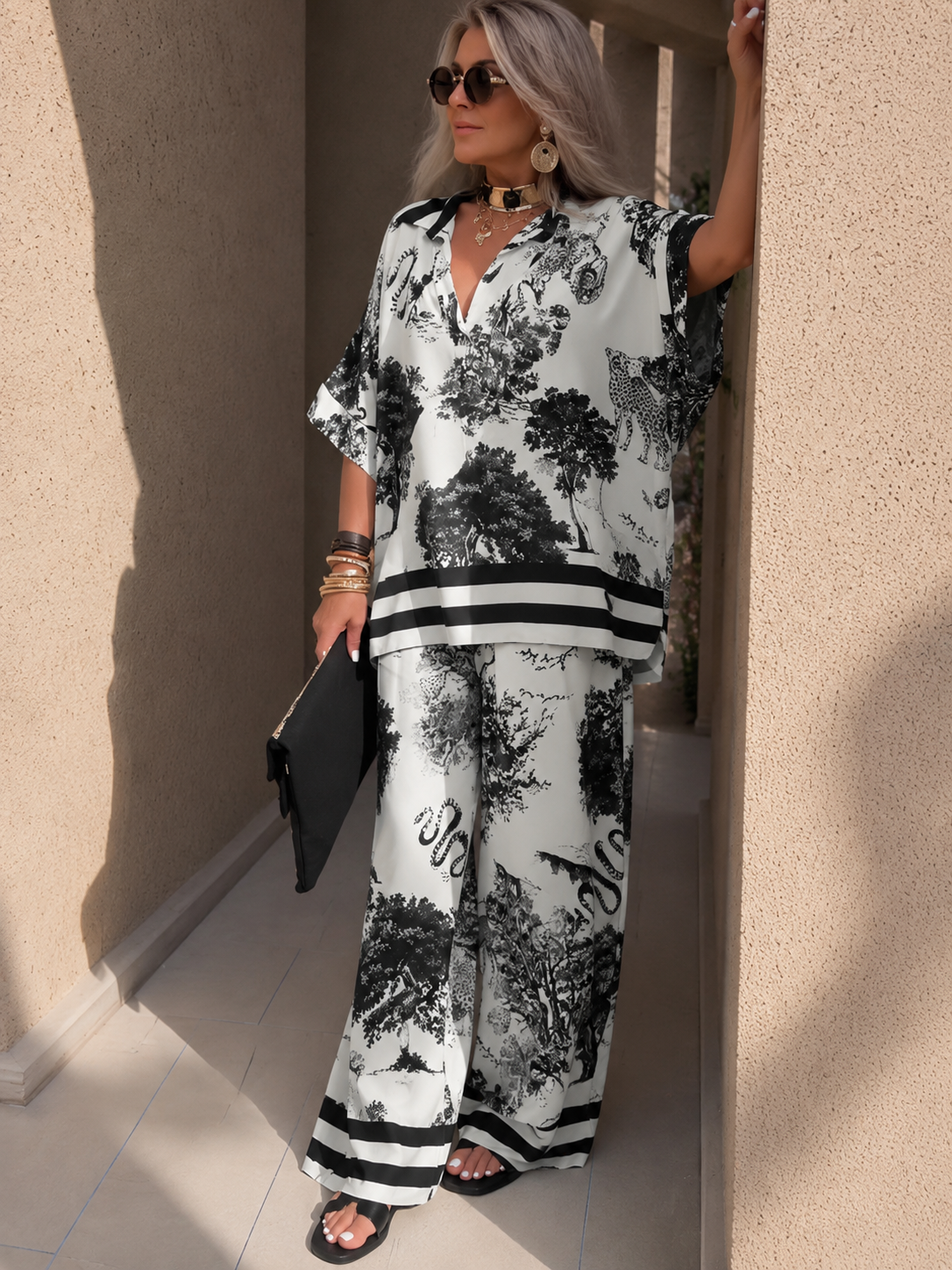 Verandine — Bedrucktes Top & Weites-Bein-Hose Set