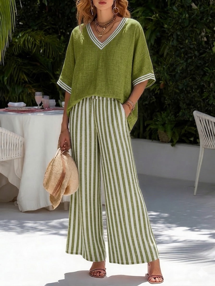 Amelia Gestreiftes Leinen-Baumwoll Elegantes Set