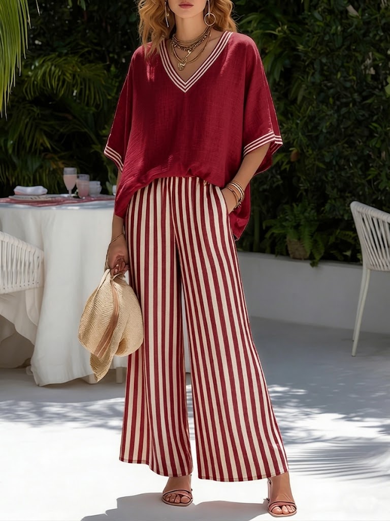 Amelia Gestreiftes Leinen-Baumwoll Elegantes Set