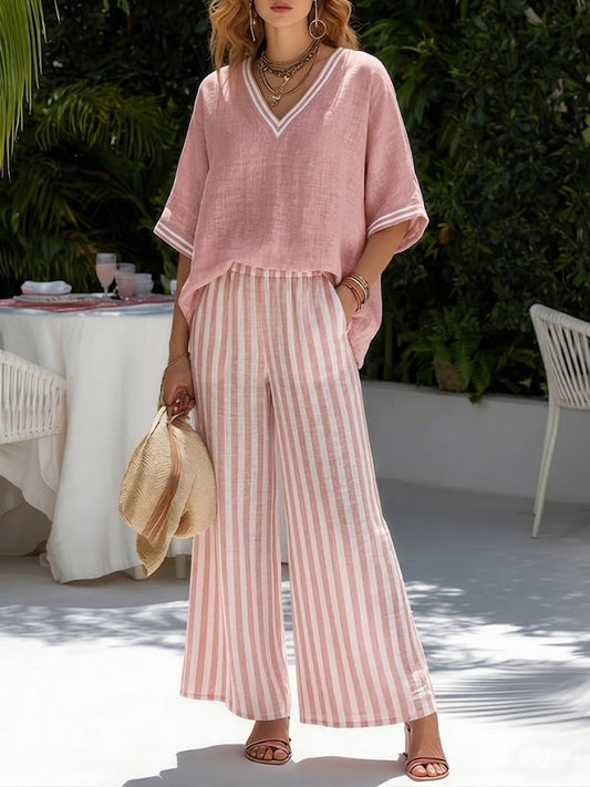 Amelia Gestreiftes Leinen-Baumwoll Elegantes Set
