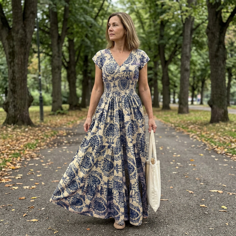 Marchetti — Blumenkleid mit V-Ausschnitt und Smok-Details, Maxilänge