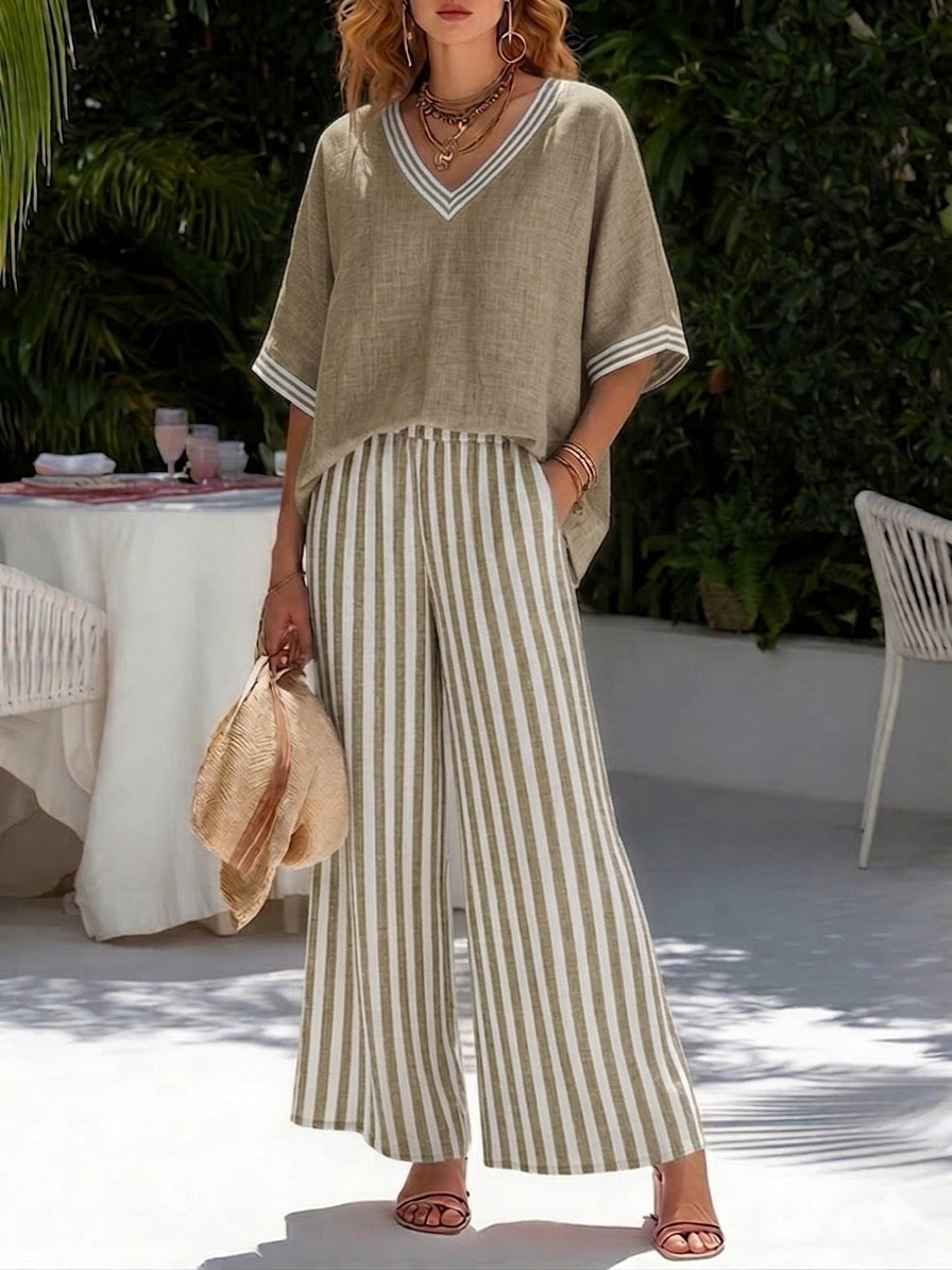 Amelia Gestreiftes Leinen-Baumwoll Elegantes Set