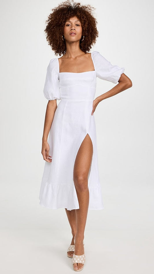 Linnae — Puffärmel Leinen Midi Schlitzkleid