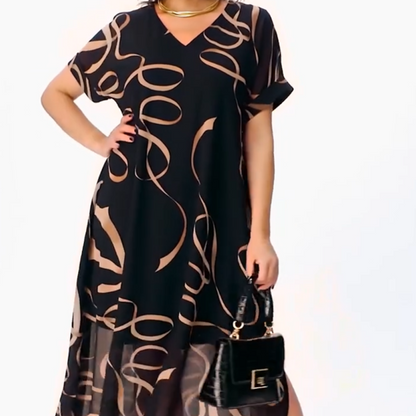 Amarelle — Fließendes V-Ausschnitt Midi-Kleid mit Schleifenmuster