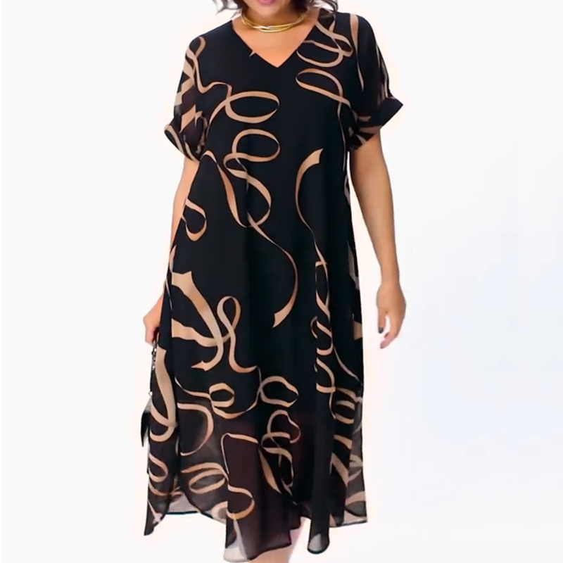 Amarelle — Fließendes V-Ausschnitt Midi-Kleid mit Schleifenmuster
