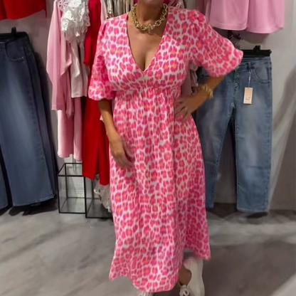 Valerie — Pinselstrich-Print V-Ausschnitt Figurbetontes Midi-Kleid