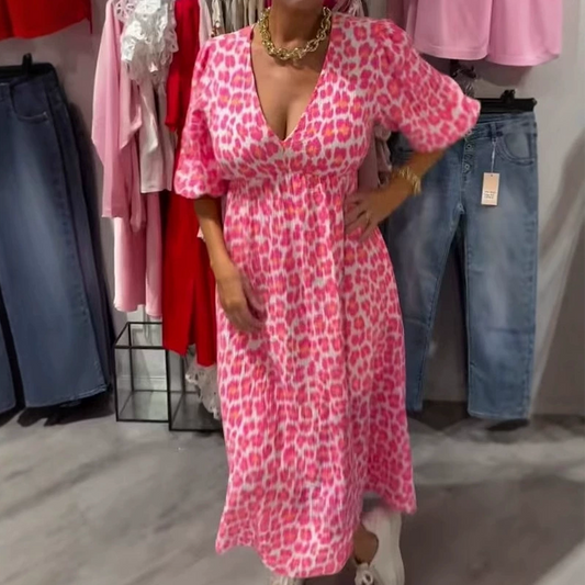 Valerie — Pinselstrich-Print V-Ausschnitt Figurbetontes Midi-Kleid