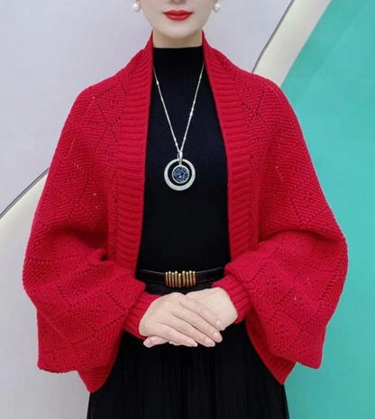 Amberose — Offener Cardigan mit Schalkragen und Lochstrick
