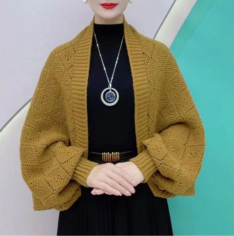 Amberose — Offener Cardigan mit Schalkragen und Lochstrick