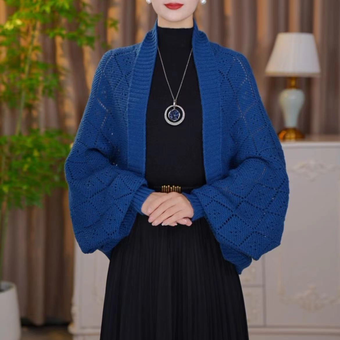 Amberose — Offener Cardigan mit Schalkragen und Lochstrick