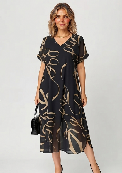 Amarelle — Fließendes V-Ausschnitt Midi-Kleid mit Schleifenmuster