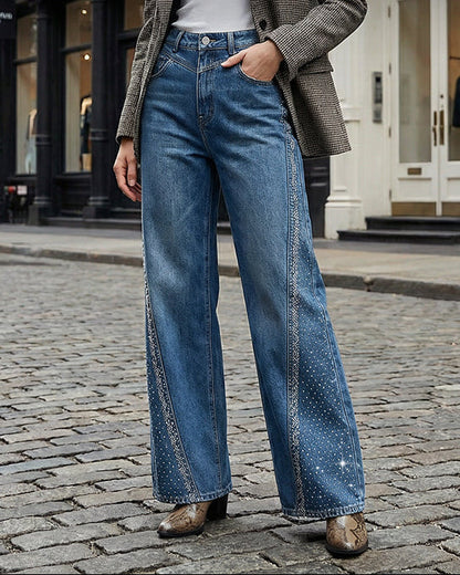 Cristelle — Hochtaillierte Weitbein-Rhinestone-Jeans