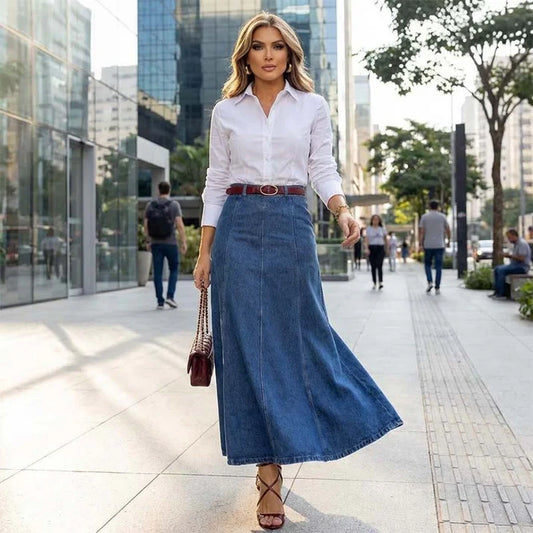 Verdana — Hochgeschnittene A-Linien Denim Maxirock