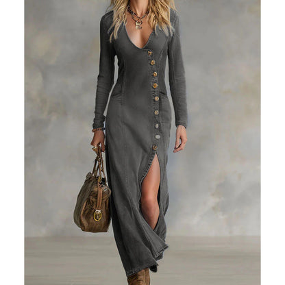 Elandrine — Langärmliges V-Ausschnitt Maxikleid
