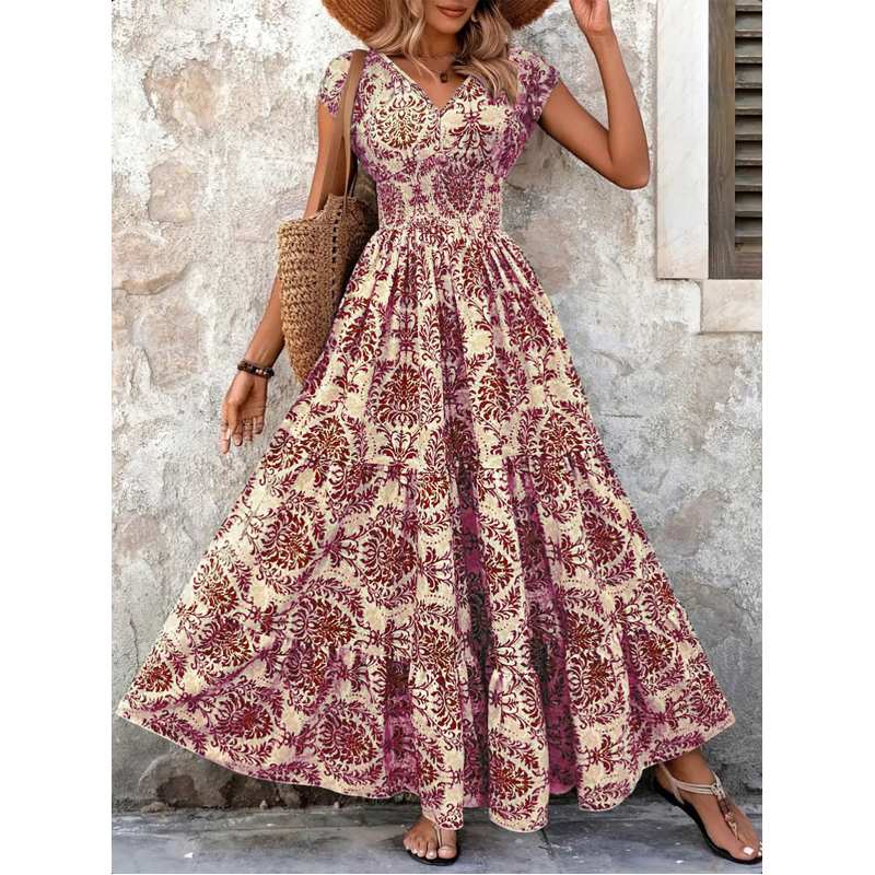 Marchetti — Blumenkleid mit V-Ausschnitt und Smok-Details, Maxilänge