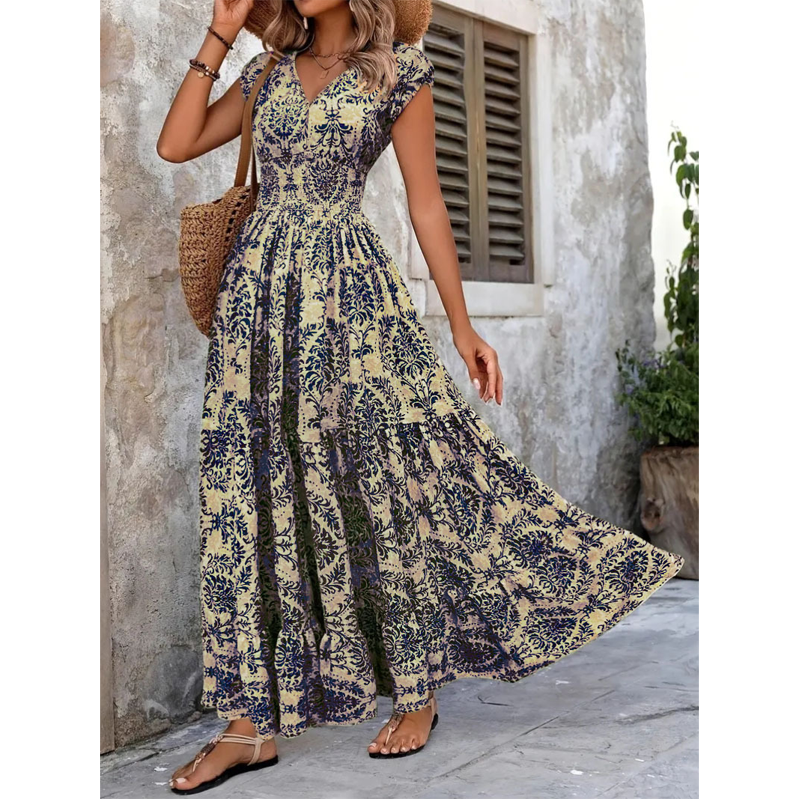 Marchetti — Blumenkleid mit V-Ausschnitt und Smok-Details, Maxilänge