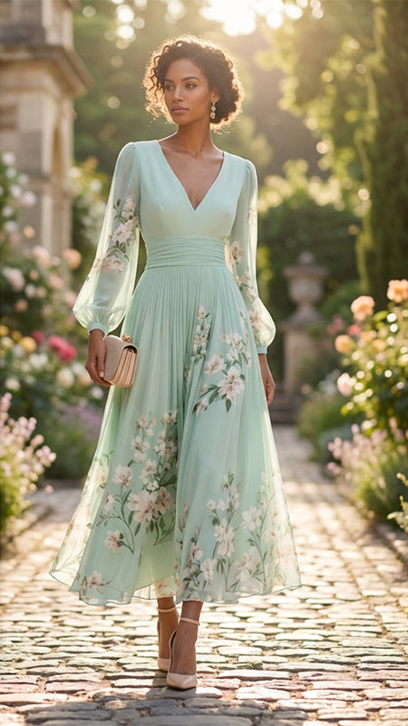 Florveil — Floral Falten V-Ausschnitt Langarm Maxikleid