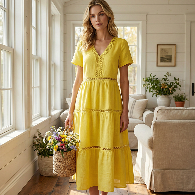 Velorie — Spitzen V-Ausschnitt gestuftes Midi-Kleid