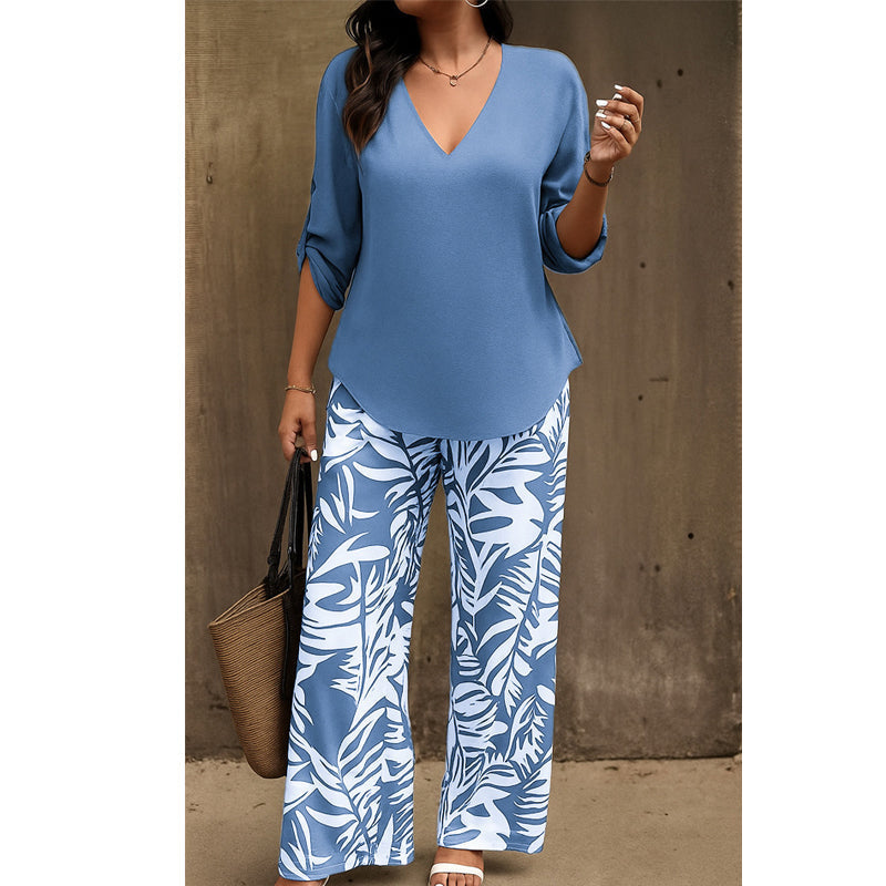 Amarielle — V-Ausschnitt Bluse & Bedrucktes Weites-Bein-Hose Set