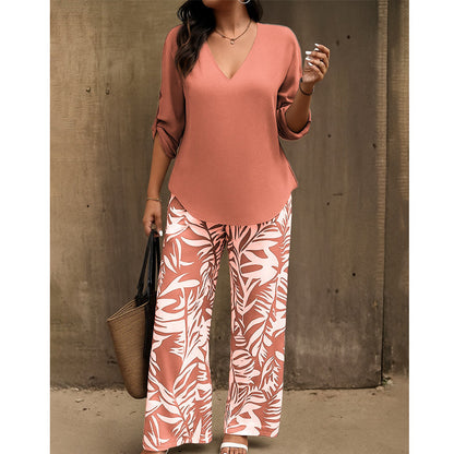 Amarielle — V-Ausschnitt Bluse & Bedrucktes Weites-Bein-Hose Set