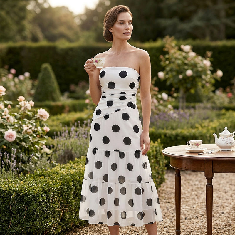 Rosalind — Trägerloses Maxikleid mit Polka-Dots