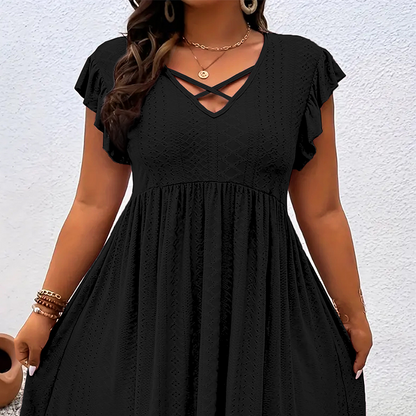 Adorine — V-Ausschnitt Kleid mit Rüschensaum und Taillierung