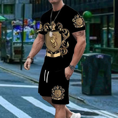 Regalis — Gold Wappen-Print T-Shirt & Shorts Set