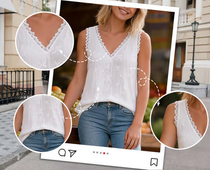 Marguerite — Tanktop mit Spitzenbesatz und V-Ausschnitt, bestickt mit Gänseblümchen