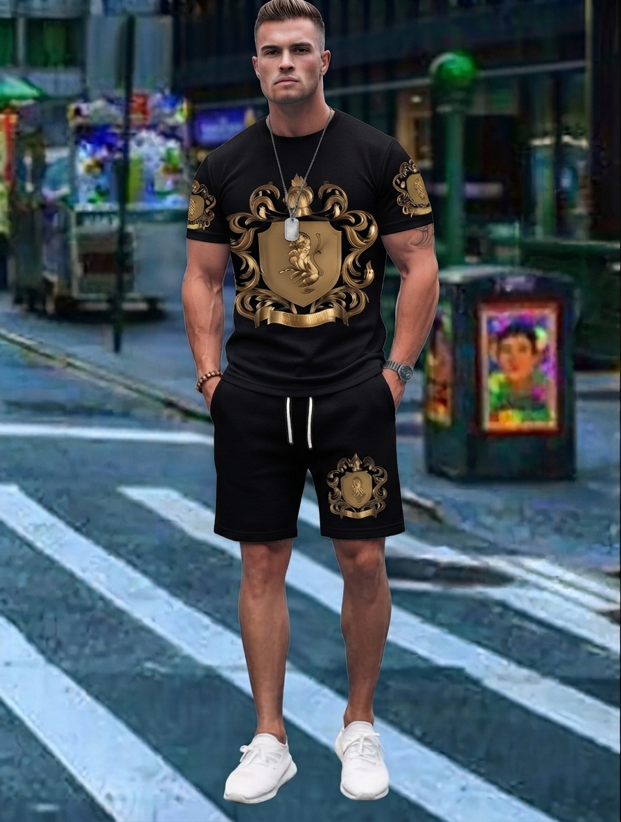 Regalis — Gold Wappen-Print T-Shirt & Shorts Set