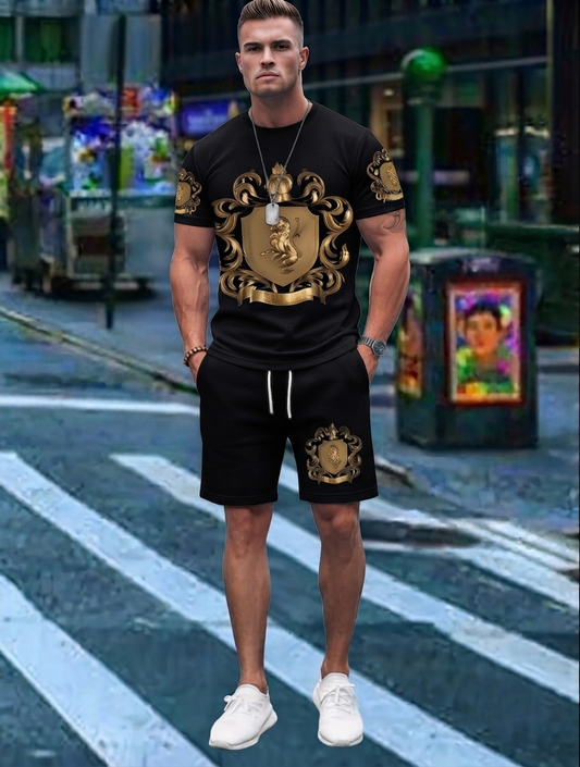 Regalis — Gold Wappen-Print T-Shirt & Shorts Set
